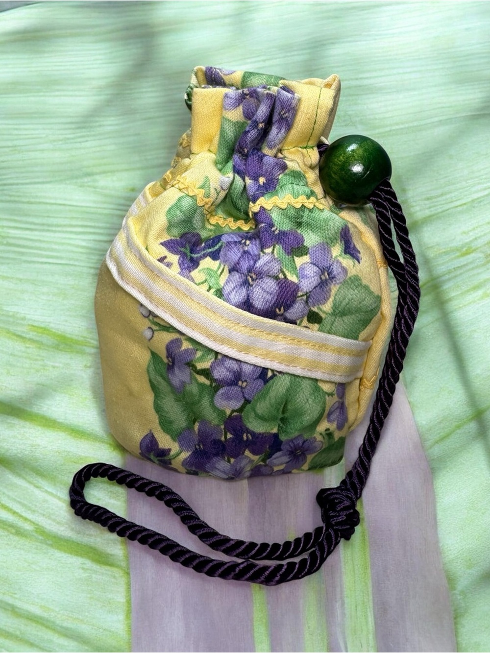 Handmade Floral Drawstring Pouch - Yellow & Purple